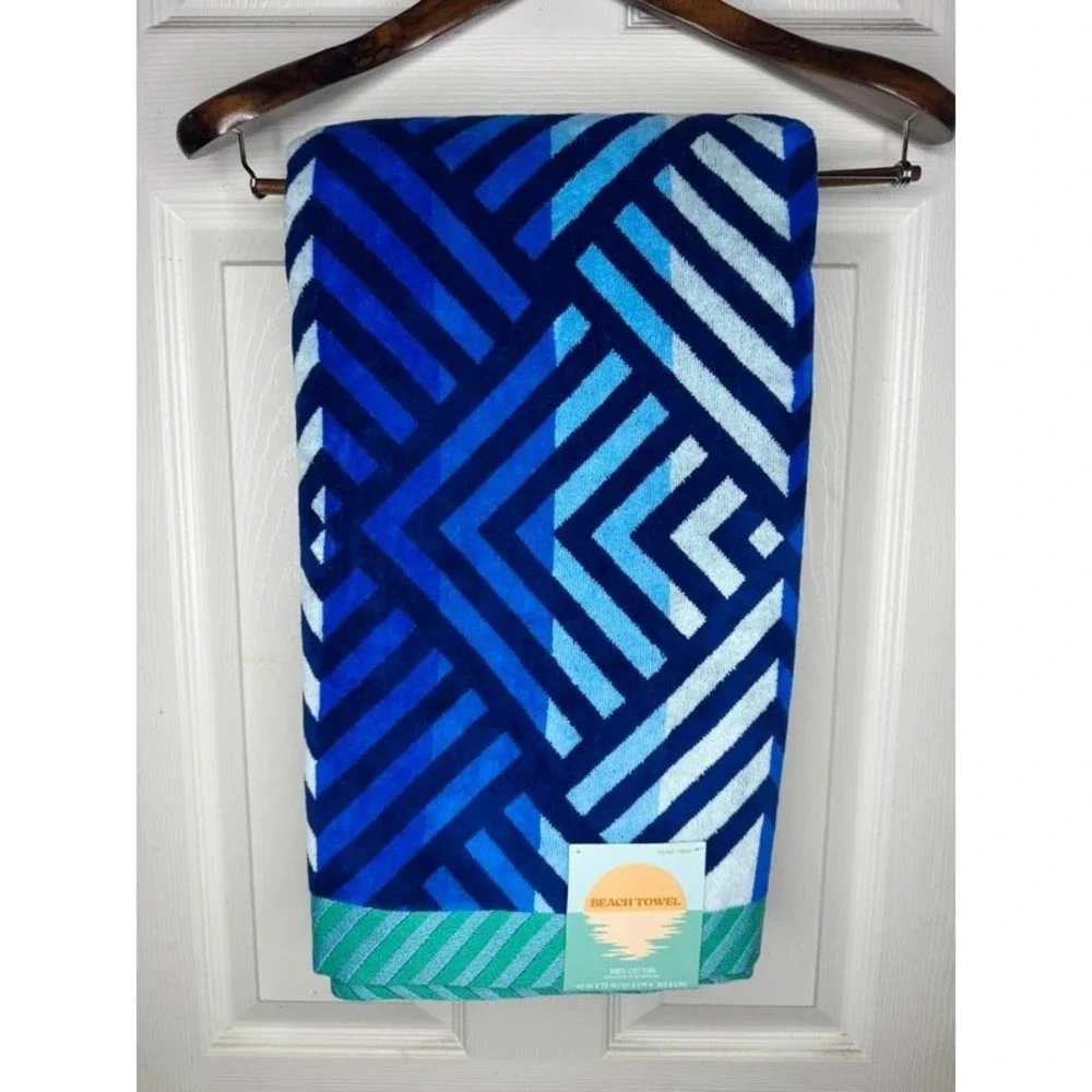 NWT Welspun Oversized 100% Cotton Beach Towel 40x72 Blue Geometric 1796227